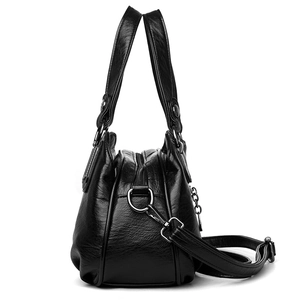 Borsa a mano classica in pelle PU nera da donna con cerniere multiple e tracolla rimovibile