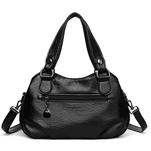 Elegante borsa a mano in pelle PU nera da donna con dettagli di cerniera in metallo argento