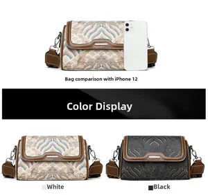Size comparison and color options for embroidered crossbody bags in white and black