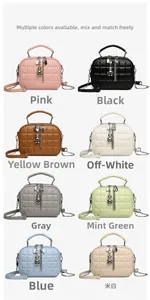 Detailed grid view showing eight colors of quilted chain bags with metal bear charms