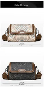 Detail view of retro embroidery pillow bags in white and black with leather straps