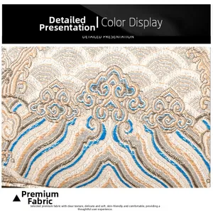 Macro view of Chinese embroidery fabric with vintage cloud and wave jacquard patterns