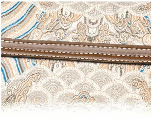 Macro detail of high-quality embroidery fabric and double-stitched leather strap on bag