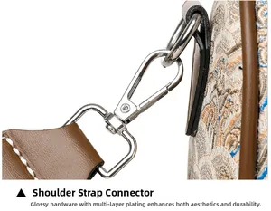 Detail of silver metal hook and durable leather shoulder strap on embroidery handbag