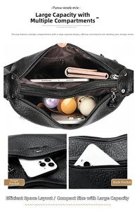 Detail view of large capacity multi-compartment leather bag with lychee texture