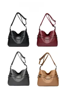 Detailed grid view of four cross-body bags in black, burgundy, grey, and khaki colors