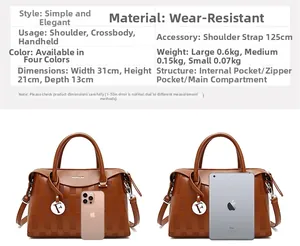 Tableau des tailles détaillé d'un sac à main marron gaufré, largeur 31 cm et hauteur 21 cm