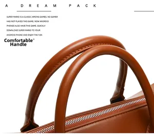 Détail de la poignée de sac à main en cuir marron et de la fermeture éclair en métal argenté