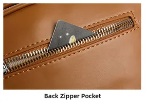 Detail of the back zipper pocket on a brown leather crossbody bag with silver hardware