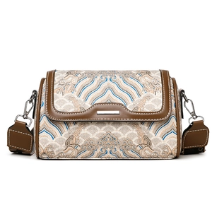 Women Retro Chinese Style Crossbody Bag Jacquard Embroidery Wave Pattern Shoulder Bag PU Leather Trim And Wide Strap