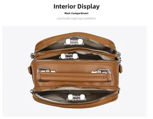Top view of brown PU leather crossbody bag showing three separate zippered compartments