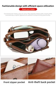 Details einer braunen Ledertasche mit Litschi-Struktur und drei Reißverschlussfächern