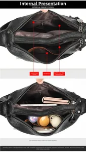 Detail view of the black leather bag multi-layer interior storage and capacity compartments
