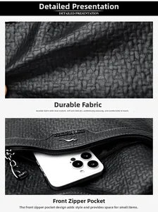 Detail of black lychee texture leather with functional front zipper pocket for smartphone