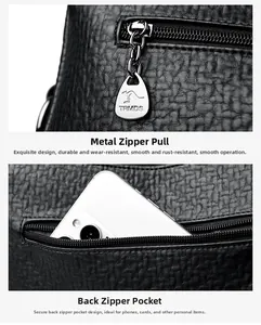 Detail of lychee pattern leather bag featuring a secure back zipper pocket for smartphones