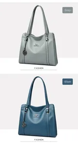 Dettaglio di borse tote grigie e blu con trama a grana di litchi e ciondoli a forma di canguro