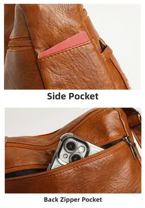 Dettagli della borsa in pelle marrone con tasche laterali e scomparto posteriore a zip