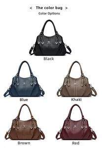 Collection of soft litchi grain leather handbags in five colors with kangaroo logo