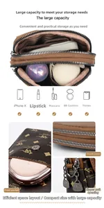 Vue détaillée du sac bandoulière marron imprimé montrant le rangement multicouche en cuir PU