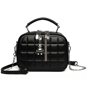 Quilted PU Leather Handbag Women Small Square Crossbody Bag Silver Bear Charm Tassel Multi Layer Zipper Chain Strap