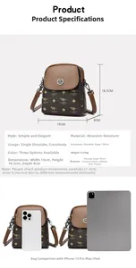 Tableau des tailles et sac bandoulière comparé à un téléphone pour les dimensions