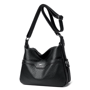 Elegant black faux leather crossbody bag with lychee texture and silver kangaroo hardware