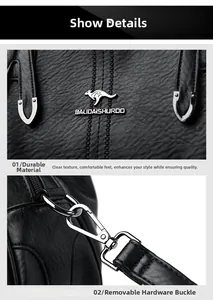 Detail of lychee pattern leather with metal logo and detachable shoulder strap buckle