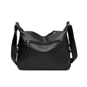 Classic black litchi pattern PU leather crossbody bag with multiple zipper compartments