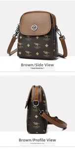 Vue détaillée du sac à bandoulière en cuir PU marron avec double zip et motif à fleurs