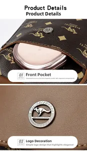 Vue détaillée du sac en cuir marron avec poche à fermoir magnétique et logo kangourou en métal