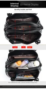 Detail view of black PU leather bag showing three main compartments and internal pockets