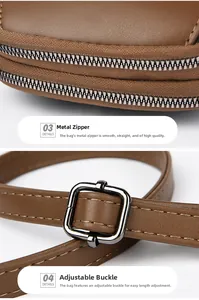 Détail de la double fermeture éclair en métal et de la boucle réglable sur sac en cuir marron