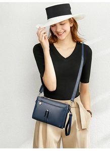 Detail of dark blue leather crossbody bag featuring three zipper pockets and metal tag