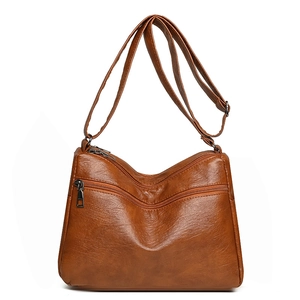 Borsa a tracolla vintage in pelle marrone da donna con chiusure lampo multiple