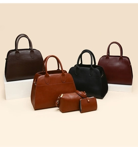 Detail view of vintage large capacity tote bag set in four colors with matching pouches