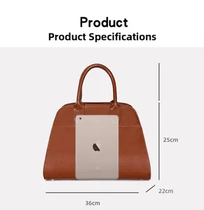 Brown leather tote bag size dimensions guide with 36cm width and iPad for scale
