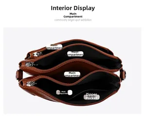 Detail view of brown PU leather shoulder bag featuring four main zipper compartments