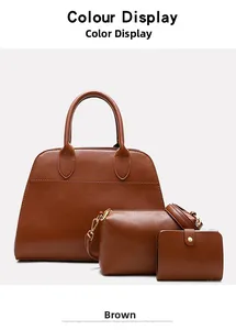 Three-piece brown faux leather handbag set including tote bag, crossbody bag, and wallet