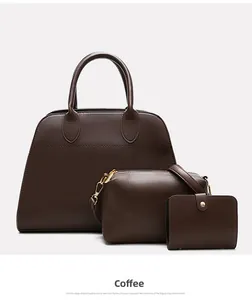 Detailed set of large coffee tote bag, crossbody bag and wallet with gold hardware