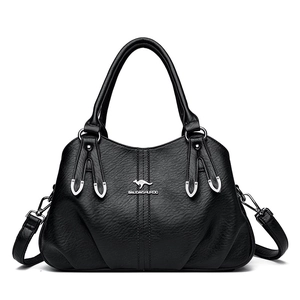 Classic black faux leather handbag with silver kangaroo logo and three-layer pockets