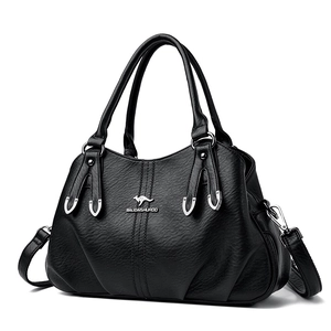 Three-pocket soft leather black tote bag with kangaroo logo and silver hardware