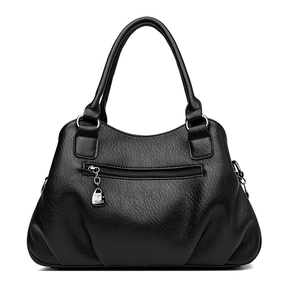 Black pebbled leather handbag with triple pockets and kangaroo metal charm for women
