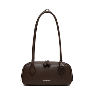 Borsa baguette classica in pelle marrone scuro con cerniera e logo del marchio argento