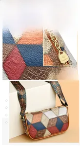 Detail of oil wax leather stitching and golden hardware on the patchwork crossbody bag