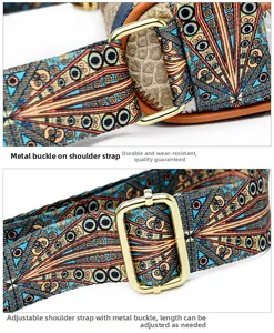 Detail of bohemian patterned shoulder strap with adjustable golden metal buckle and hardware