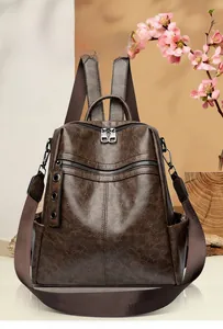 Detailed view of dark brown vintage backpack featuring textured faux leather and zip pocket