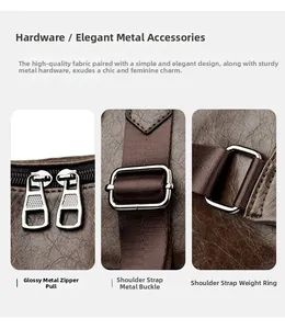 Detail of silver hardware and brown leather texture on a retro commuter backpack