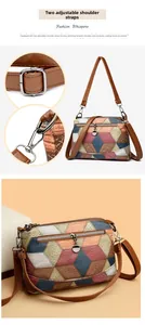Detail view of colorful geometric patchwork crossbody bag with two removable straps