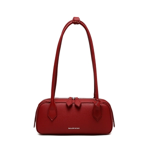 Borsa baguette rossa in pelle con grana litchi, doppi manici e chiusura lampo