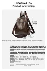 Detailed size chart and specifications for the vintage brown leather backpack